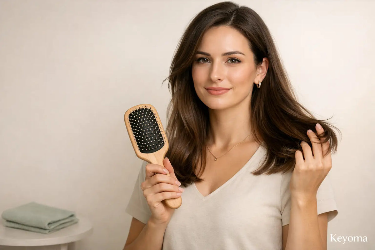 Woman holding hairbrush demonstrates gentle daily grooming, reflecting Keyoma advice for healthy hair maintenance.