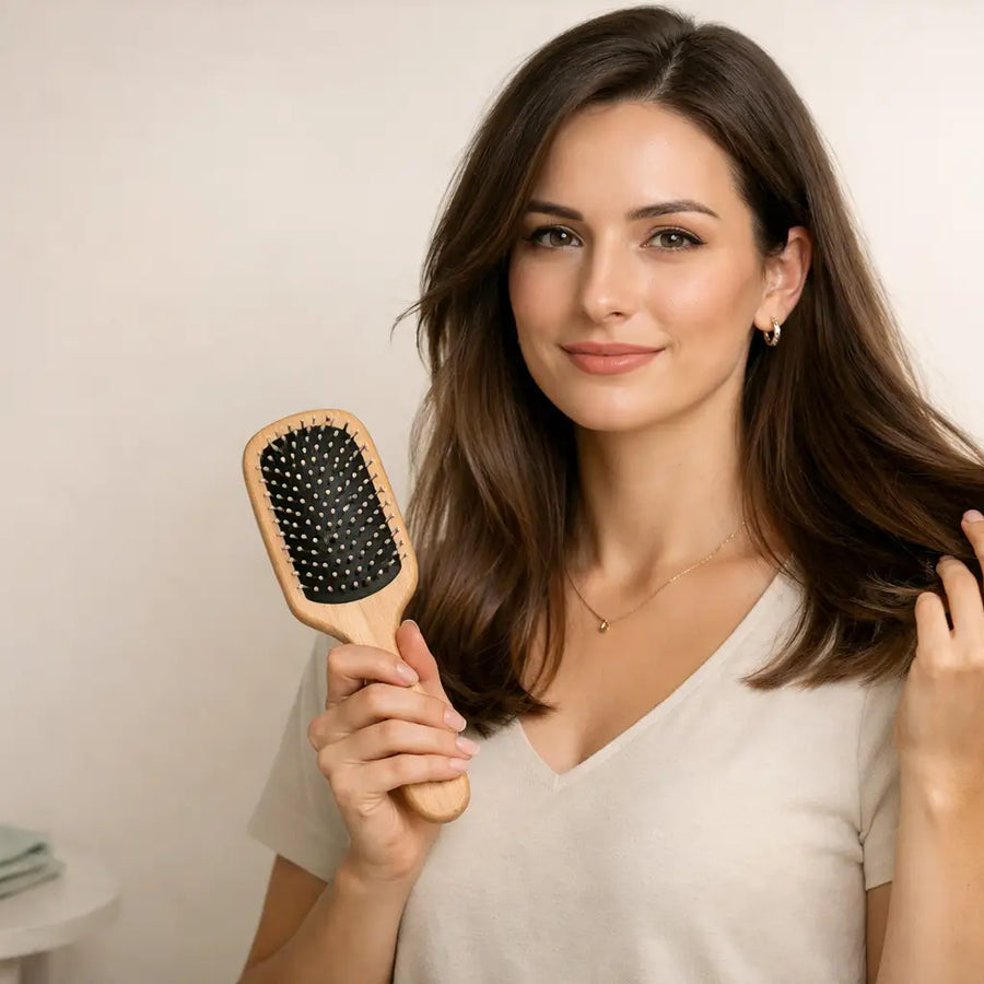 Woman holding hairbrush demonstrates gentle daily grooming, reflecting Keyoma advice for healthy hair maintenance.