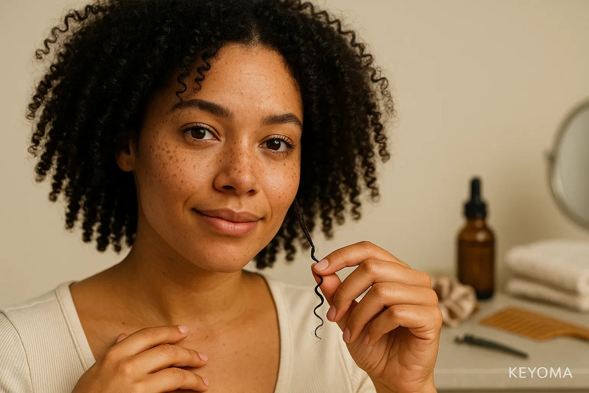 Smiling woman inspects a single curl at her vanity with Keyoma oil, towels, and comb.