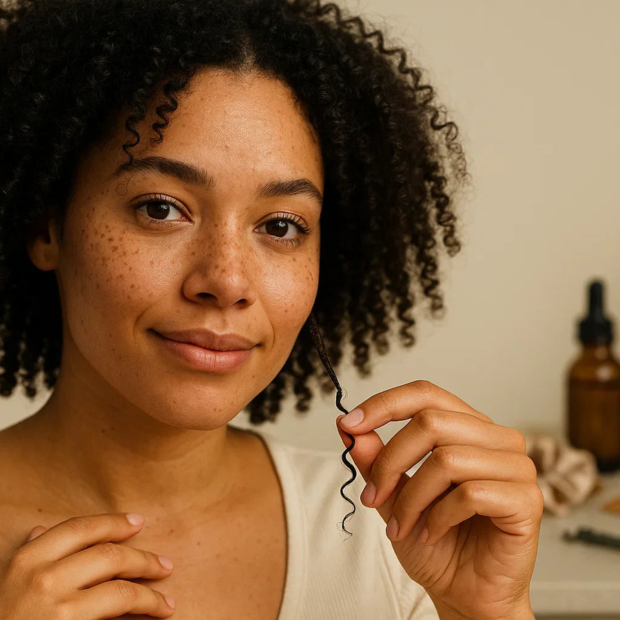 Smiling woman inspects a single curl at her vanity with Keyoma oil, towels, and comb.