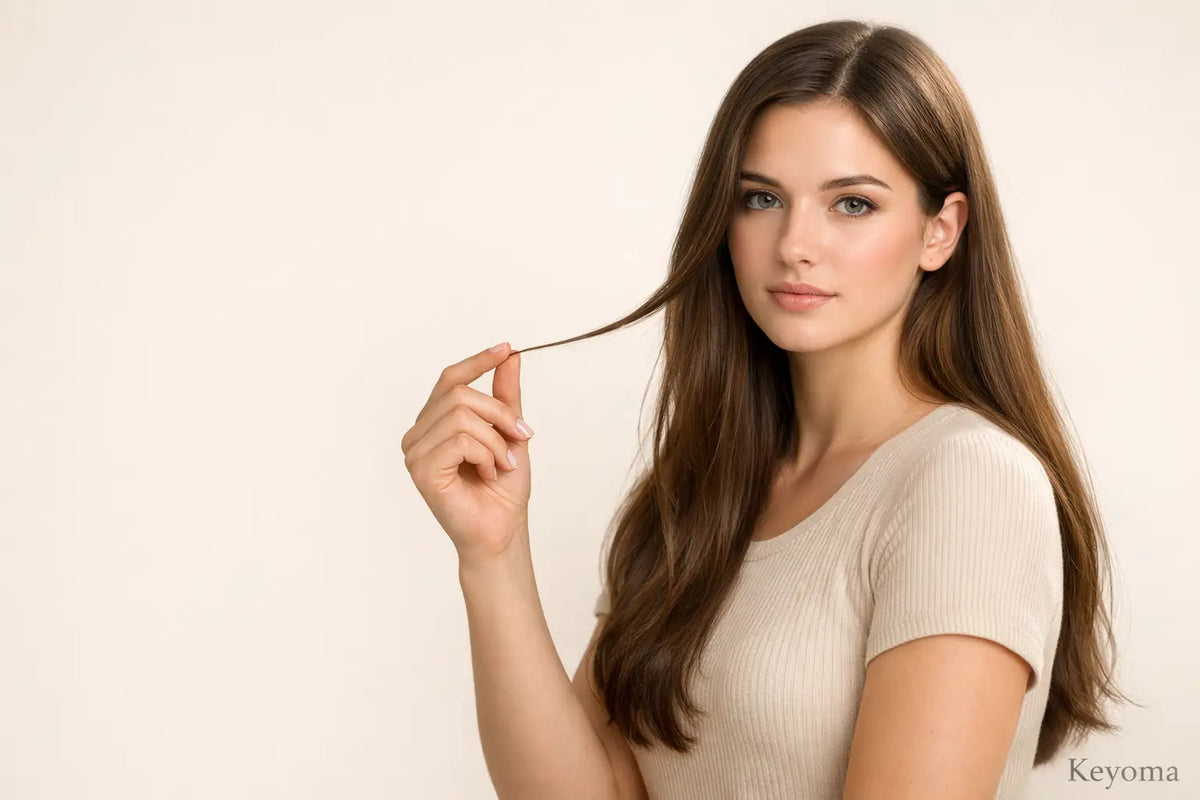 Woman holding a single hair strand demonstrates ends care and breakage awareness with Keyoma guidance.