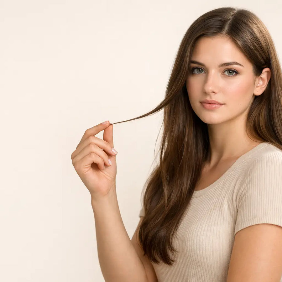 Woman holding a single hair strand demonstrates ends care and breakage awareness with Keyoma guidance.