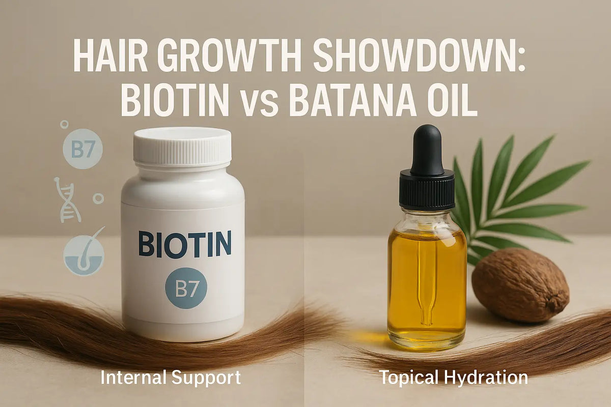 A Keyoma visual shows the contrast between biotin supplements for internal support and batana oil for topical hydration.