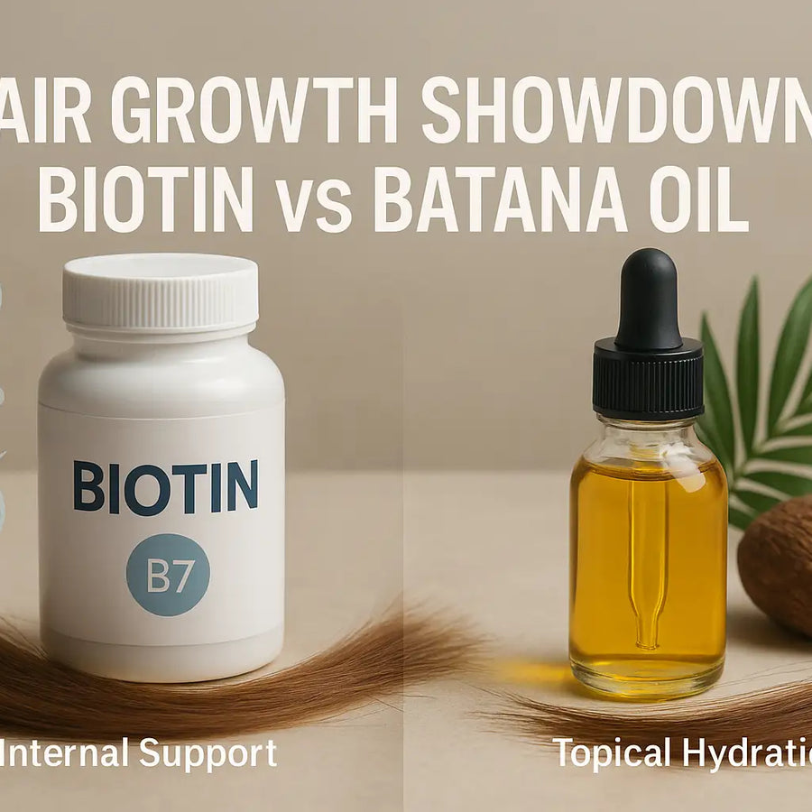 A Keyoma visual shows the contrast between biotin supplements for internal support and batana oil for topical hydration.