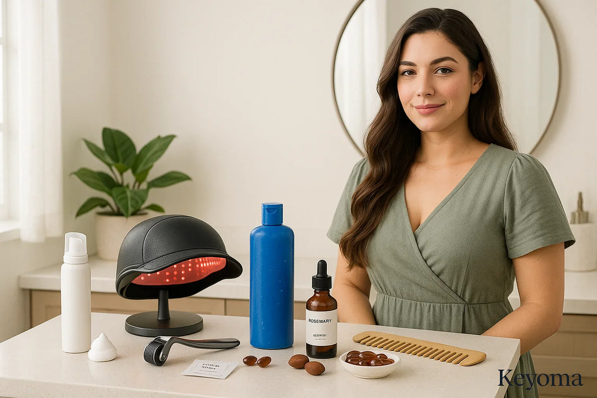 A woman at a bathroom counter shows a Keyoma hair growth routine with a red light therapy cap, rosemary serum, derma roller, shampoo bottle, wooden comb, and supplements.