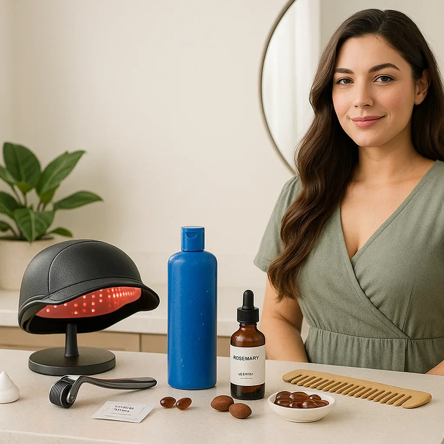 A woman at a bathroom counter shows a Keyoma hair growth routine with a red light therapy cap, rosemary serum, derma roller, shampoo bottle, wooden comb, and supplements.