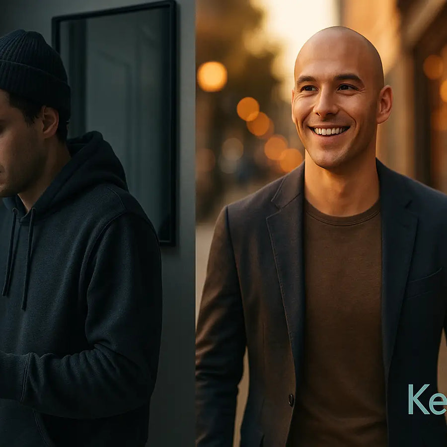 A split image shows one man looking sad and withdrawn while dealing with hair loss, and the same man appearing confident and happy after embracing baldness, presented by Keyoma.