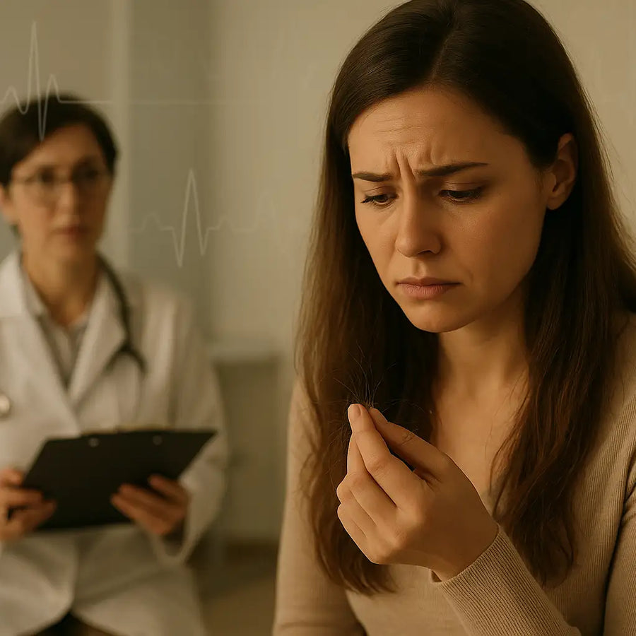 A worried woman examines strands of hair in her hand during a medical consultation, with a doctor in the background, illustrating hair loss concerns and how Keyoma can help address them.