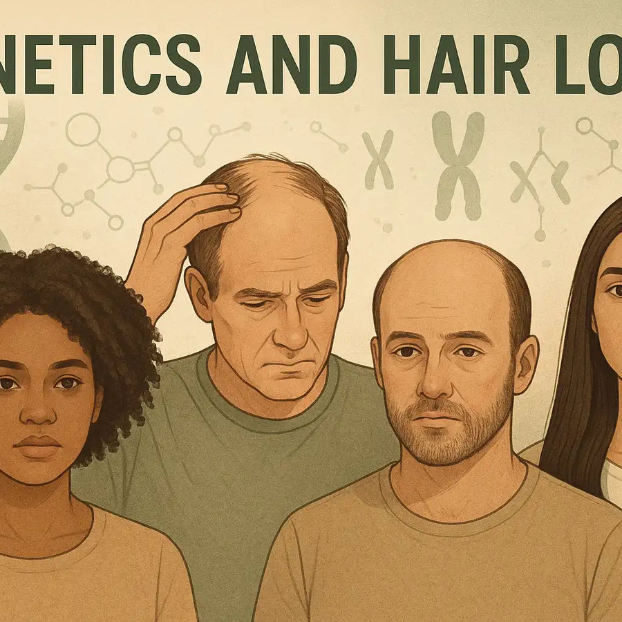 An illustrated Keyoma graphic showing men and women with different stages of hair loss to highlight the role of genetics in hair health.