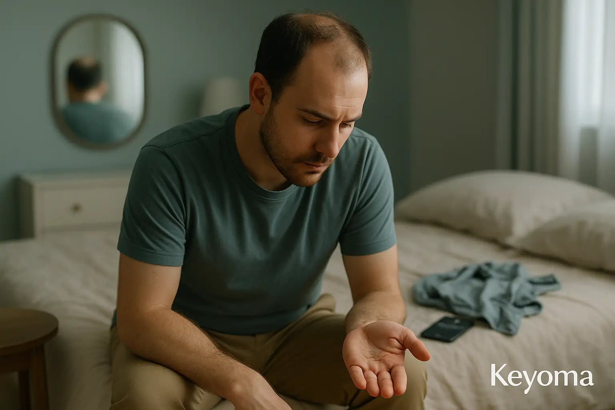 A man with thinning hair sits on his bed looking at his hand, reflecting on hair loss, with a small Keyoma watermark visible.