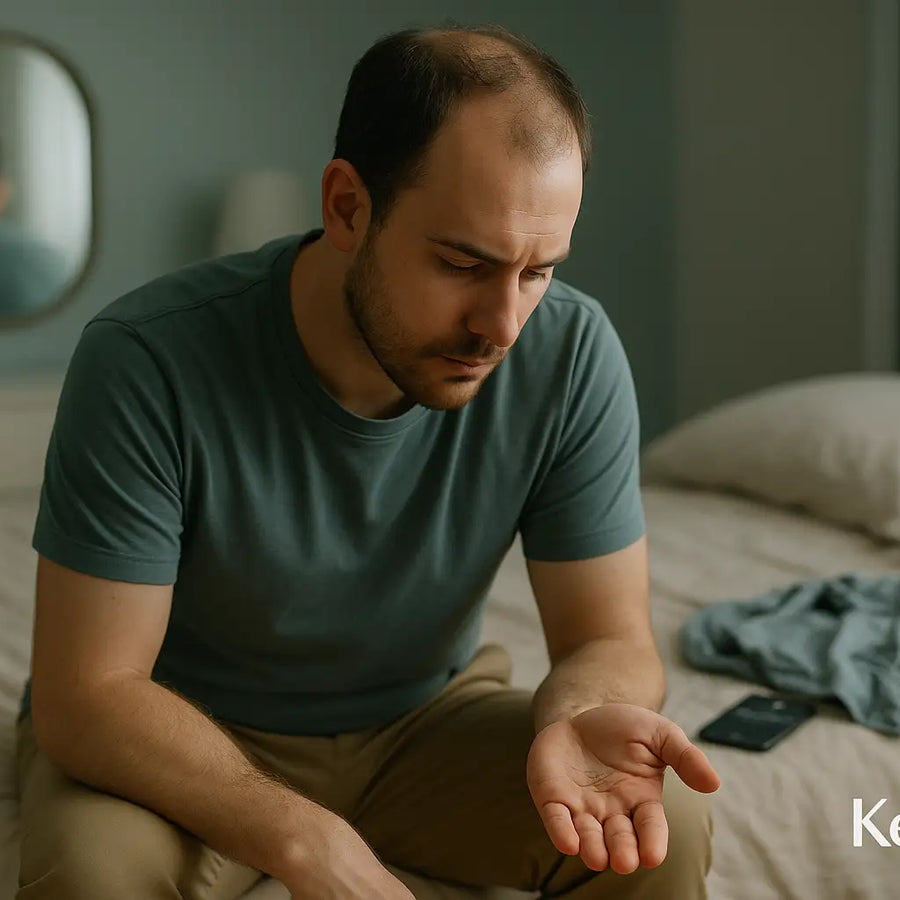A man with thinning hair sits on his bed looking at his hand, reflecting on hair loss, with a small Keyoma watermark visible.