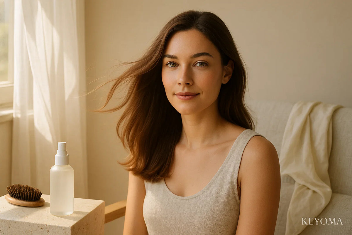 Sunlit portrait features flowing hair beside spray bottle and brush; Keyoma demonstrates lightweight leave-in mist.