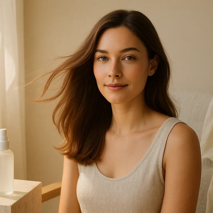 Sunlit portrait features flowing hair beside spray bottle and brush; Keyoma demonstrates lightweight leave-in mist.