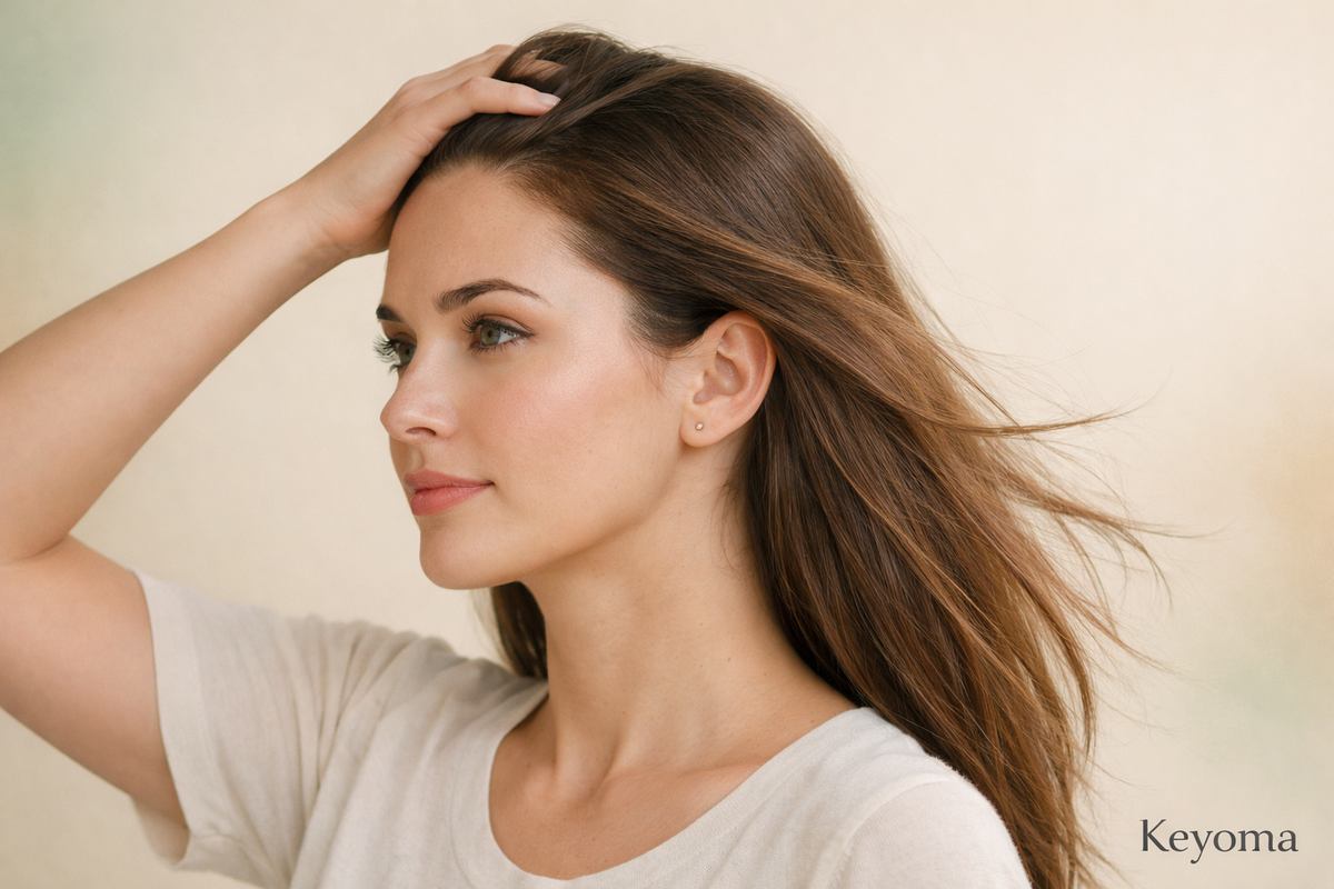Woman and Keyoma Batana Oil next to infographic explaining common greasy hair causes and scalp oil triggers.