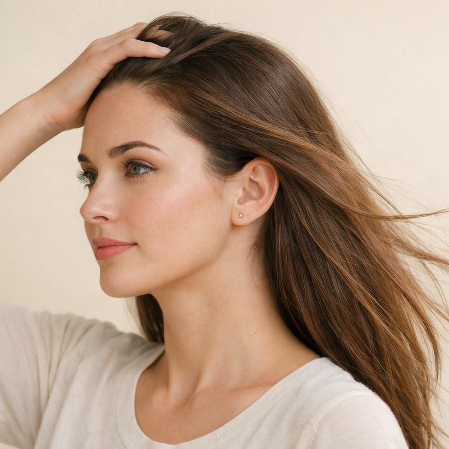 Woman and Keyoma Batana Oil next to infographic explaining common greasy hair causes and scalp oil triggers.