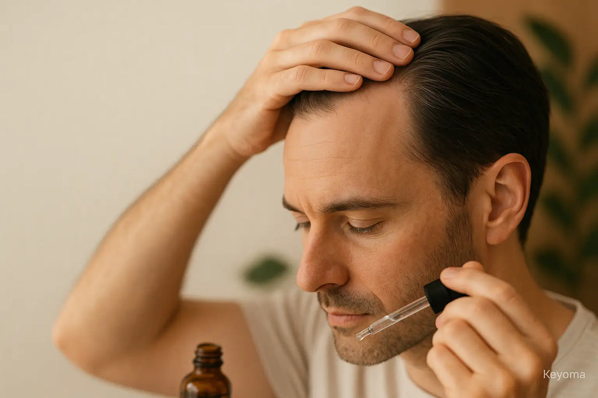 A man applies hair oil with a dropper to his thinning hairline while holding back his hair, shown as part of Keyoma’s hair care focus.