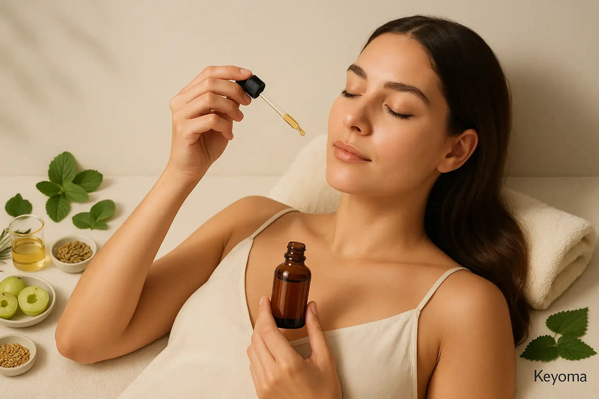 Woman applying hair serum with dropper while reclining, surrounded by herbs. Keyoma supports soothing scalp treatment