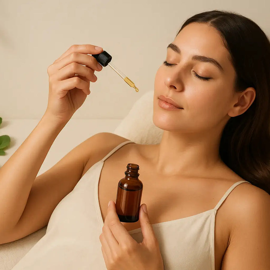 Woman applying hair serum with dropper while reclining, surrounded by herbs. Keyoma supports soothing scalp treatment
