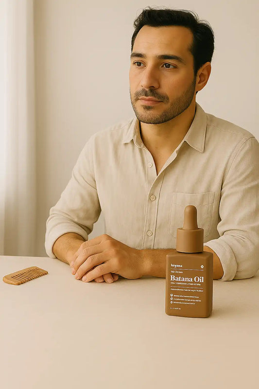 A man sits calmly beside a bottle of Keyoma Betana Oil, symbolizing a natural approach to hair regrowth treatments for men.