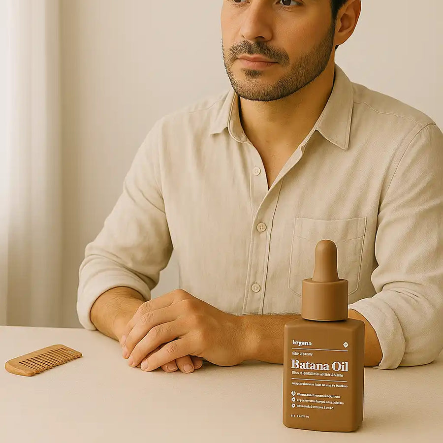 A man sits calmly beside a bottle of Keyoma Betana Oil, symbolizing a natural approach to hair regrowth treatments for men.