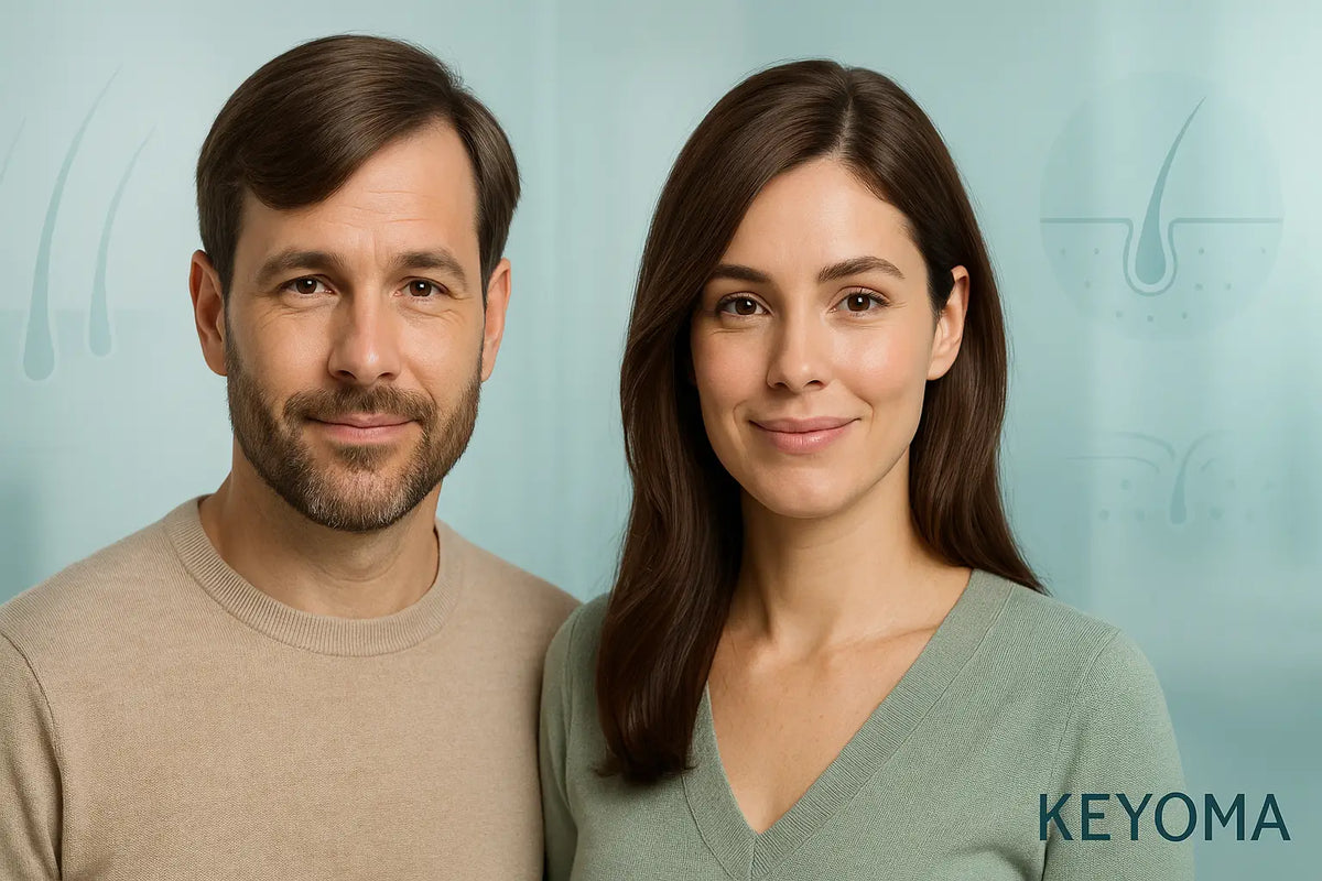 A man and woman with healthy hair smiling together, representing Keyoma’s approach to natural hair restoration and scalp wellness.