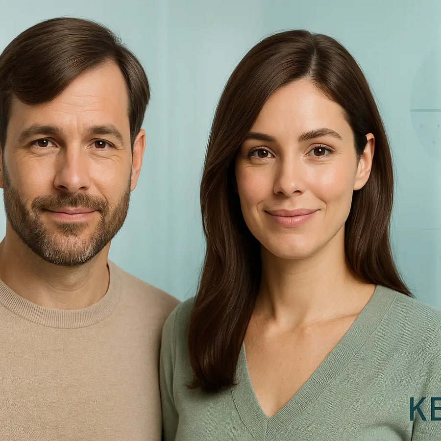 A man and woman with healthy hair smiling together, representing Keyoma’s approach to natural hair restoration and scalp wellness.