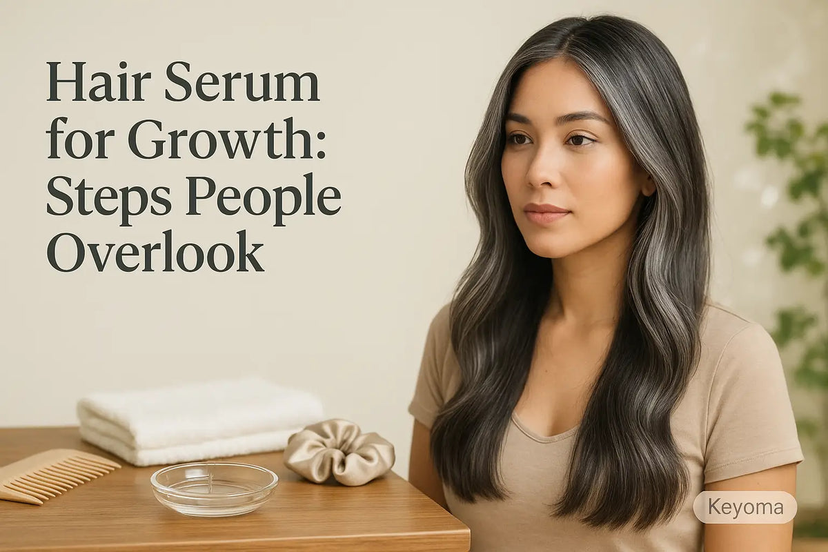 A woman with long, glossy hair sits by a tidy vanity with a towel, scrunchie, comb and glass dish beside the headline “Hair Serum for Growth: Steps People Overlook,” in a calm Keyoma tutorial scene.