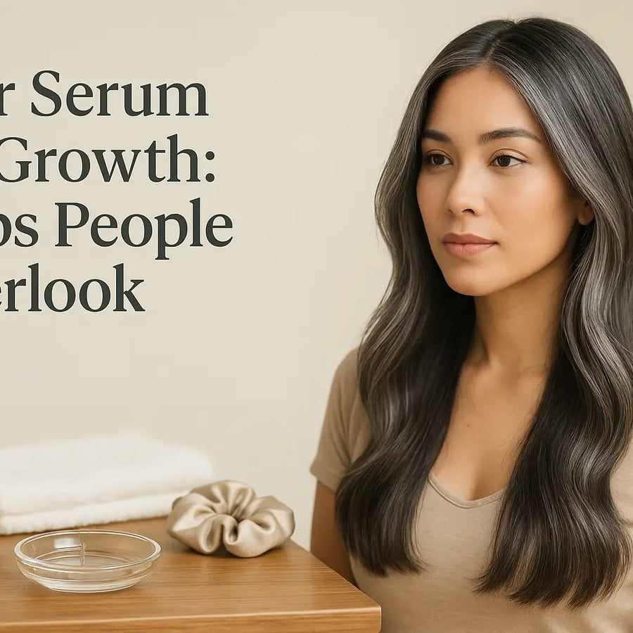 A woman with long, glossy hair sits by a tidy vanity with a towel, scrunchie, comb and glass dish beside the headline “Hair Serum for Growth: Steps People Overlook,” in a calm Keyoma tutorial scene.