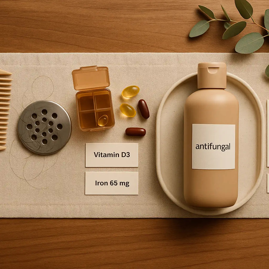 A Keyoma flat-lay displays shedding-care essentials—a wide-tooth comb, shower drain catcher with strands, a pill case with vitamin D3 and iron 65 mg supplements, an antifungal shampoo bottle, and cards noting DHT and scalp evaluation