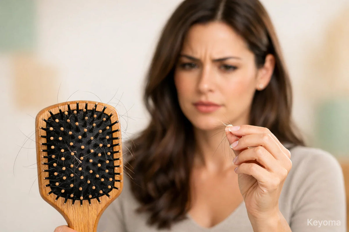 Worried woman inspects loose strands on a paddle brush, highlighting Keyoma hair shedding concerns.