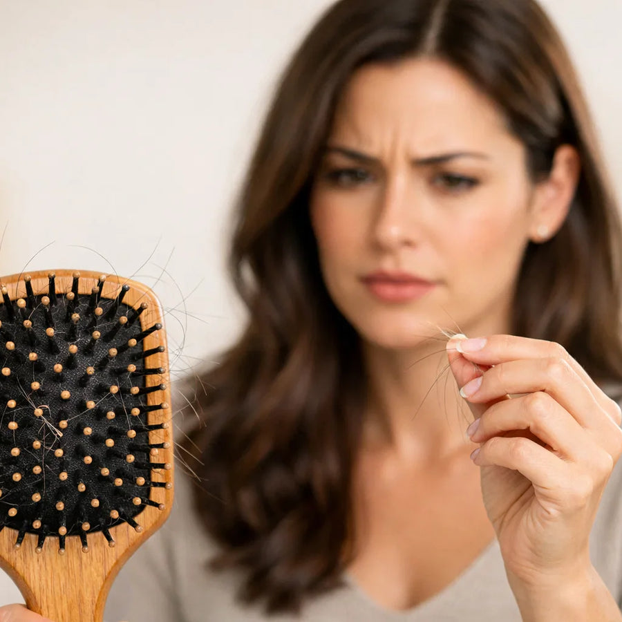 Worried woman inspects loose strands on a paddle brush, highlighting Keyoma hair shedding concerns.