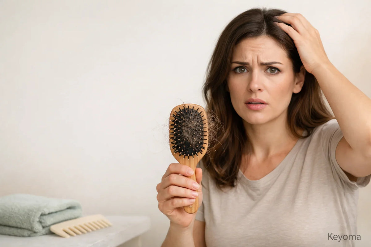 Worried woman holds hair-filled brush, checking scalp as Keyoma highlights hair shedding concerns.