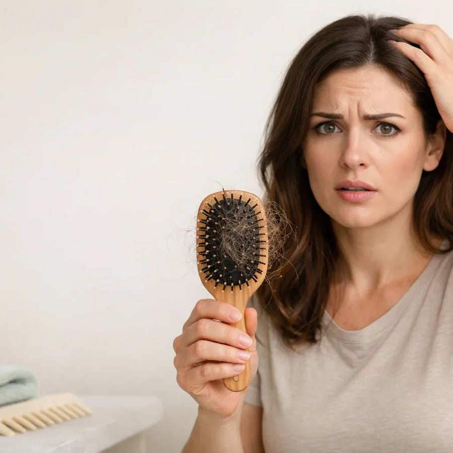 Worried woman holds hair-filled brush, checking scalp as Keyoma highlights hair shedding concerns.