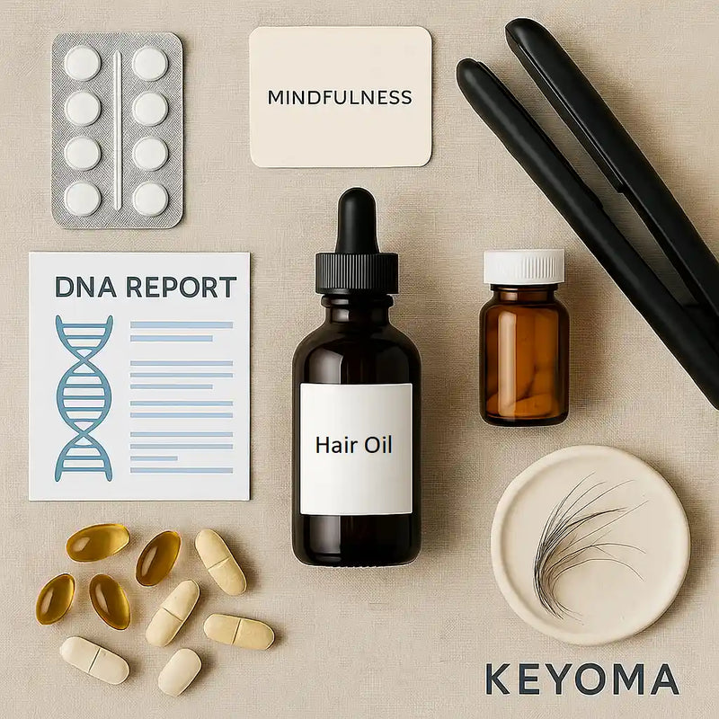 Flat-lay visual summarizing the 8 root causes of hair thinning with symbolic props and Keyoma branding in the corner.