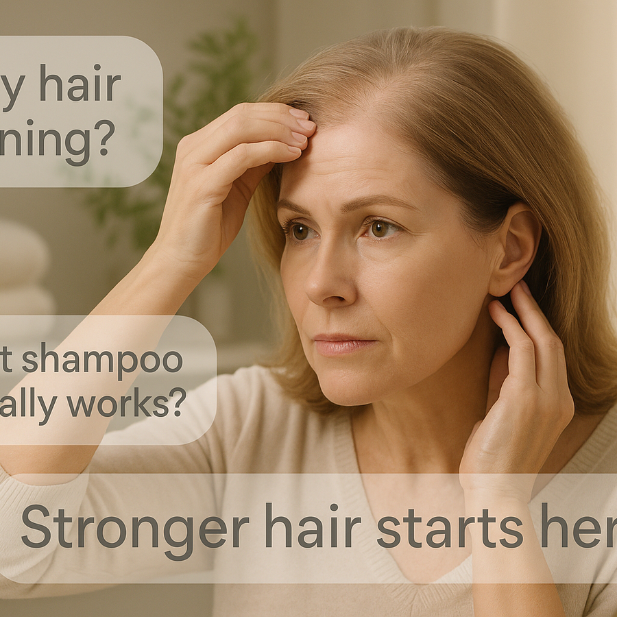 A middle-aged woman examines her thinning hair in the mirror, questioning which shampoo can truly help—this image is part of Keyoma’s visual content on addressing hair concerns naturally.
