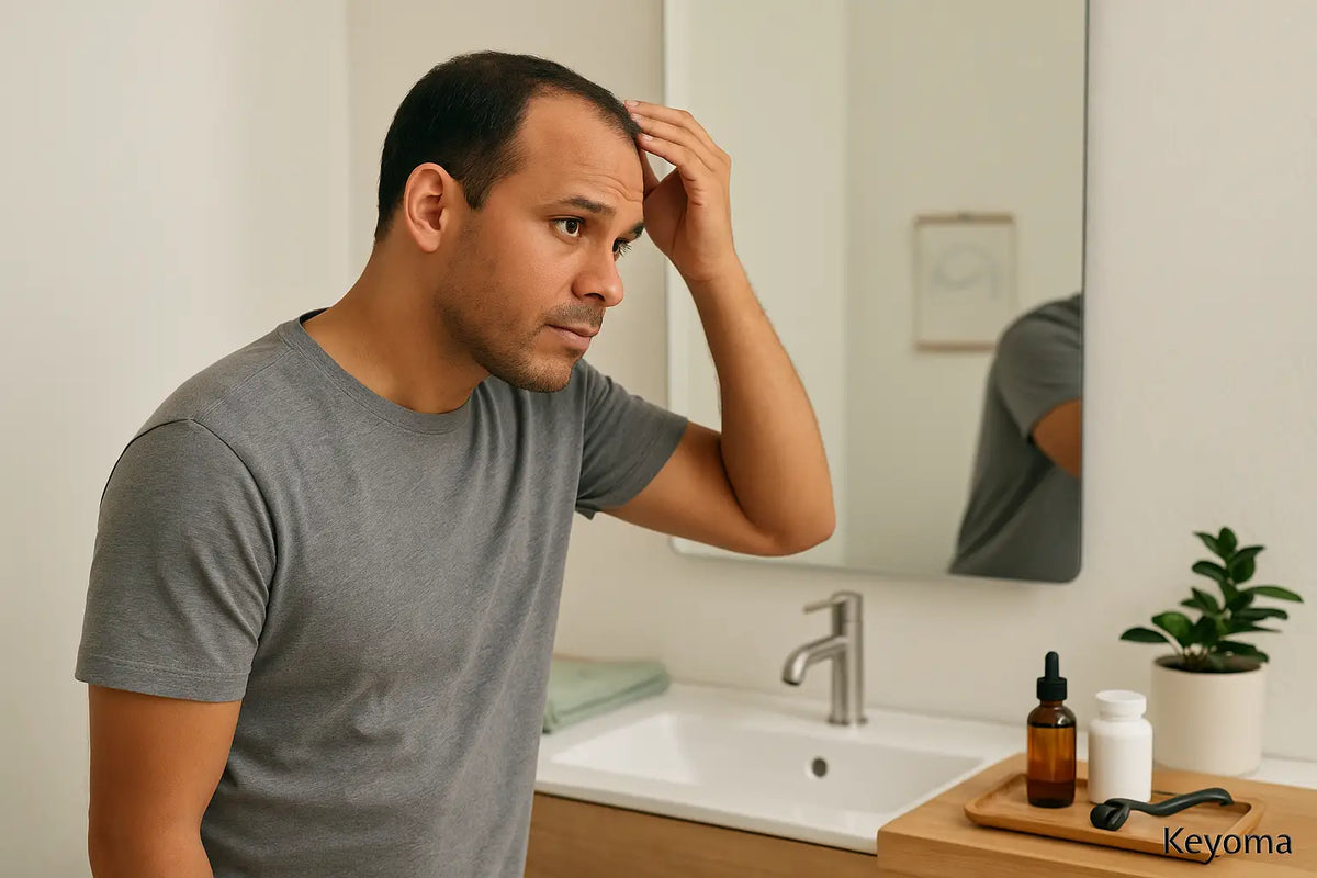 Man inspects receding hairline in bathroom mirror beside Keyoma serum, supplements, and derma roller.