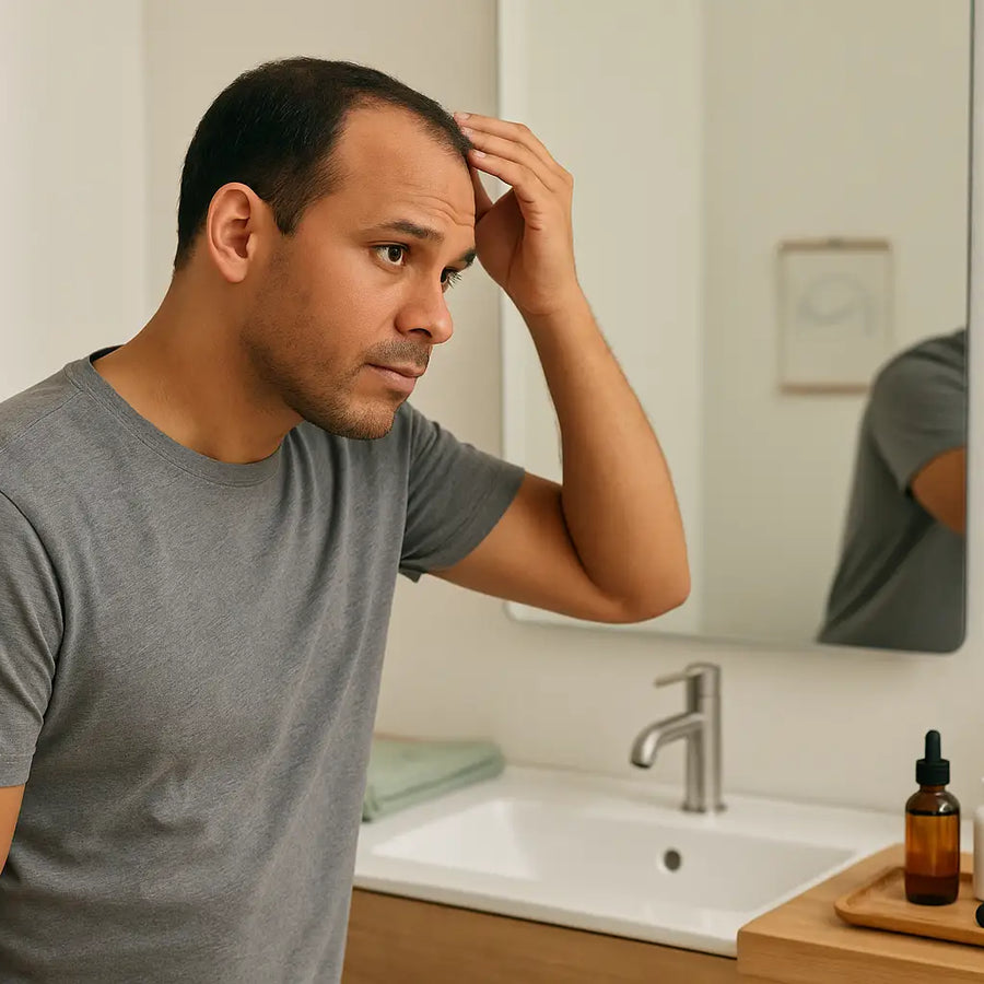 Man inspects receding hairline in bathroom mirror beside Keyoma serum, supplements, and derma roller.