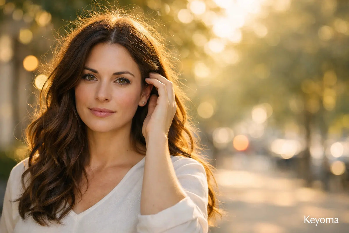 Woman with glossy waves outdoors in golden light, subtle flyaways, Keyoma halo frizz styling inspiration.