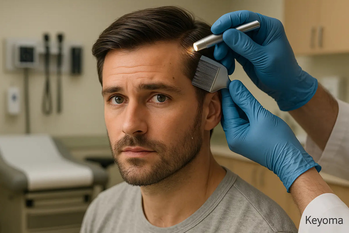Clinician in blue gloves inspects man’s hairline with flashlight and lice comb, Keyoma head lice.