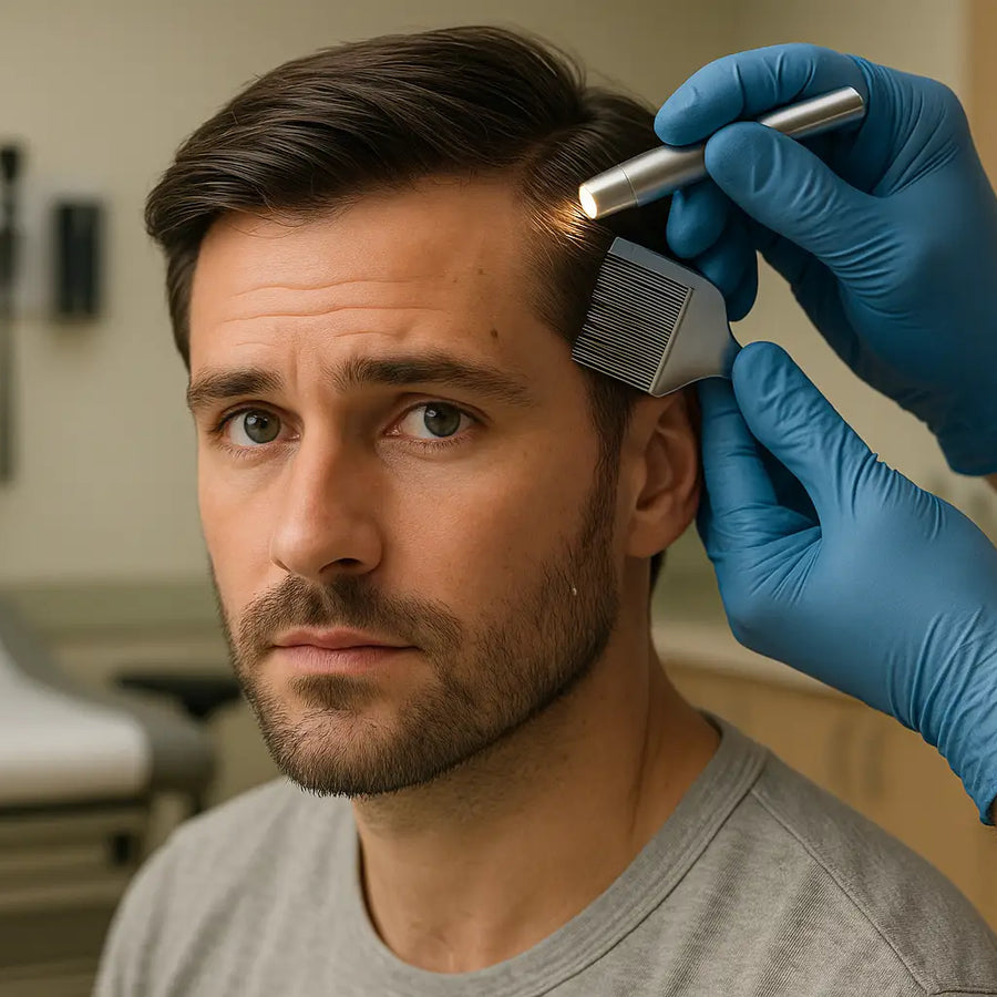 Clinician in blue gloves inspects man’s hairline with flashlight and lice comb, Keyoma head lice.
