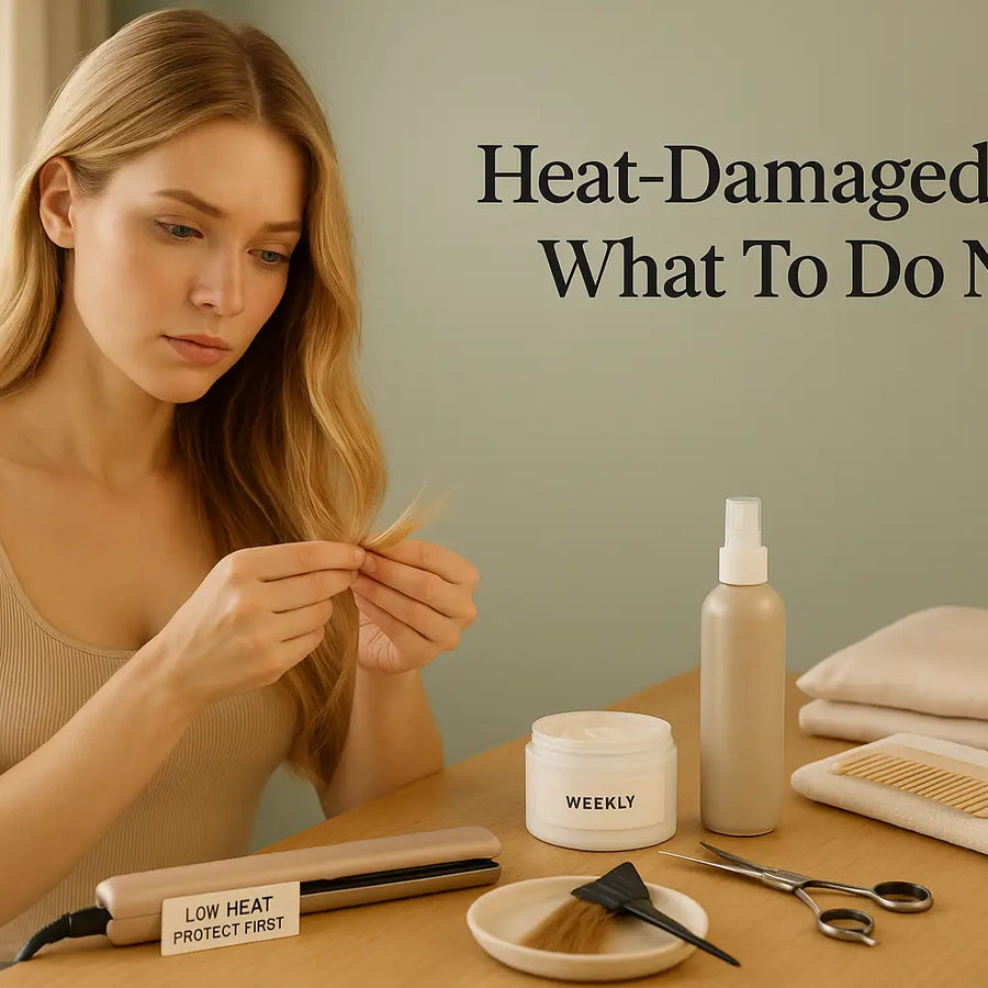 A woman checks split ends beside a flat iron, spray, and weekly mask, introducing Keyoma guidance on what to do next for heat damaged hair.