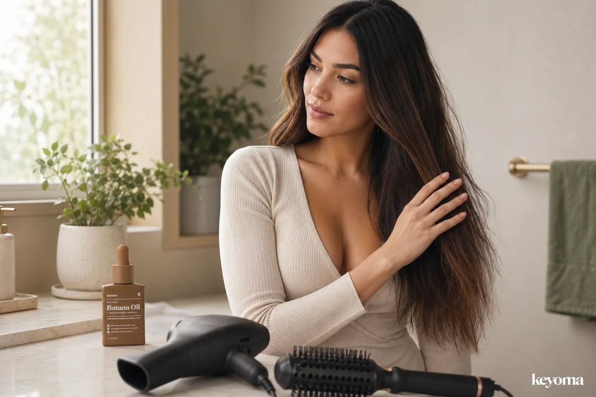 Keyoma Batana Oil bottle beside woman with dry hair, blow dryer, and heat brush.