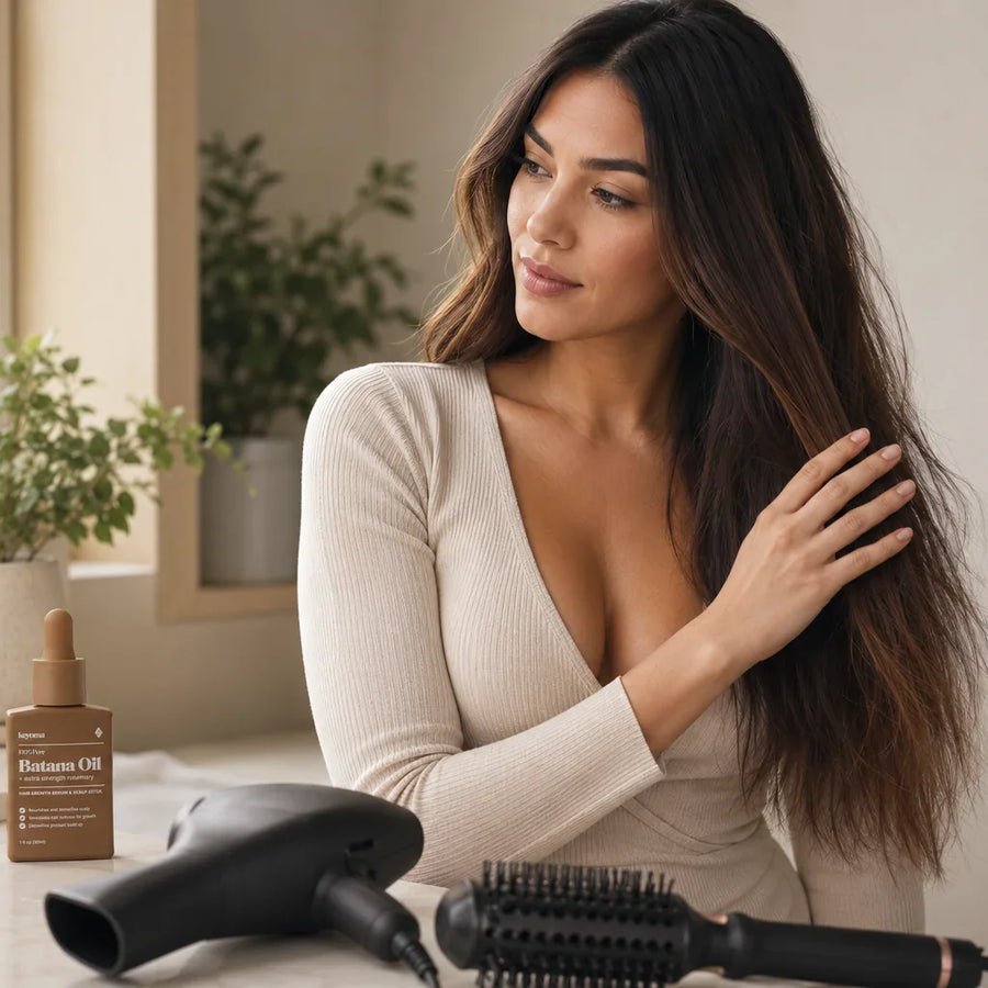 Keyoma Batana Oil bottle beside woman with dry hair, blow dryer, and heat brush.