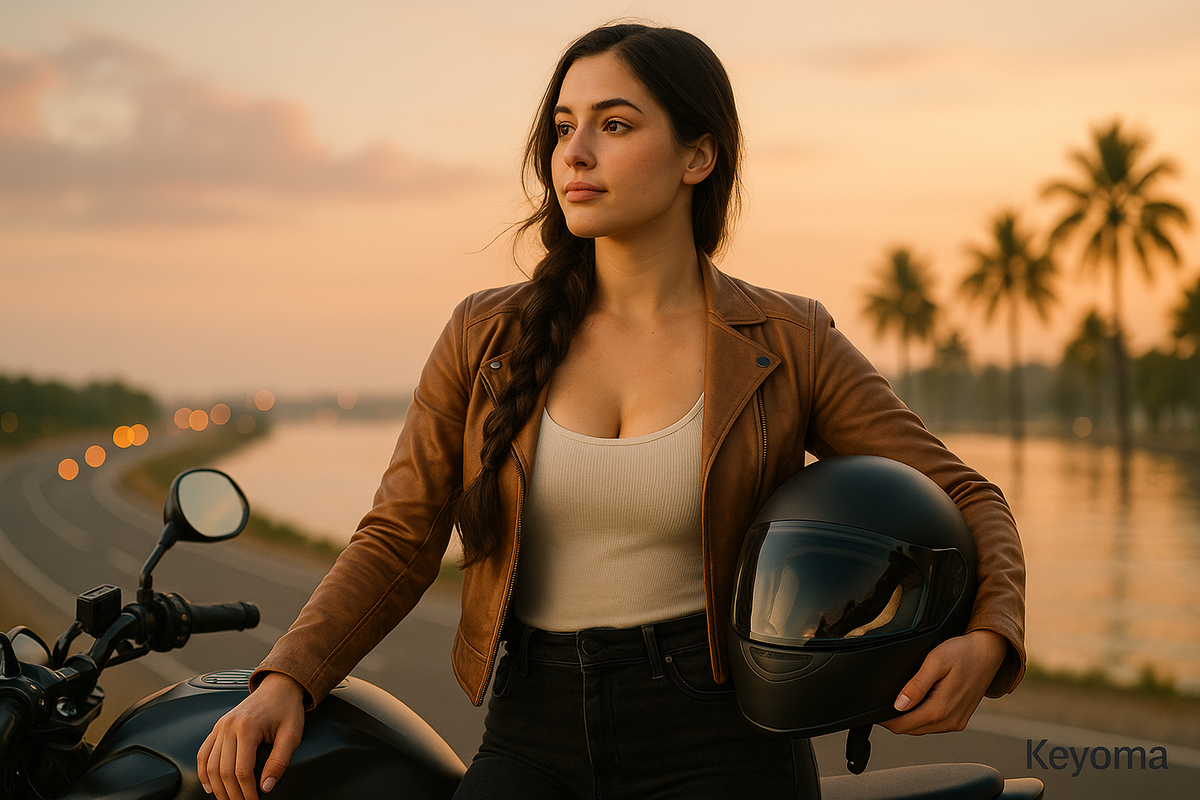 Woman with braid holding motorcycle helmet at sunset; Keyoma emphasizes protective styling and helmet hair care.