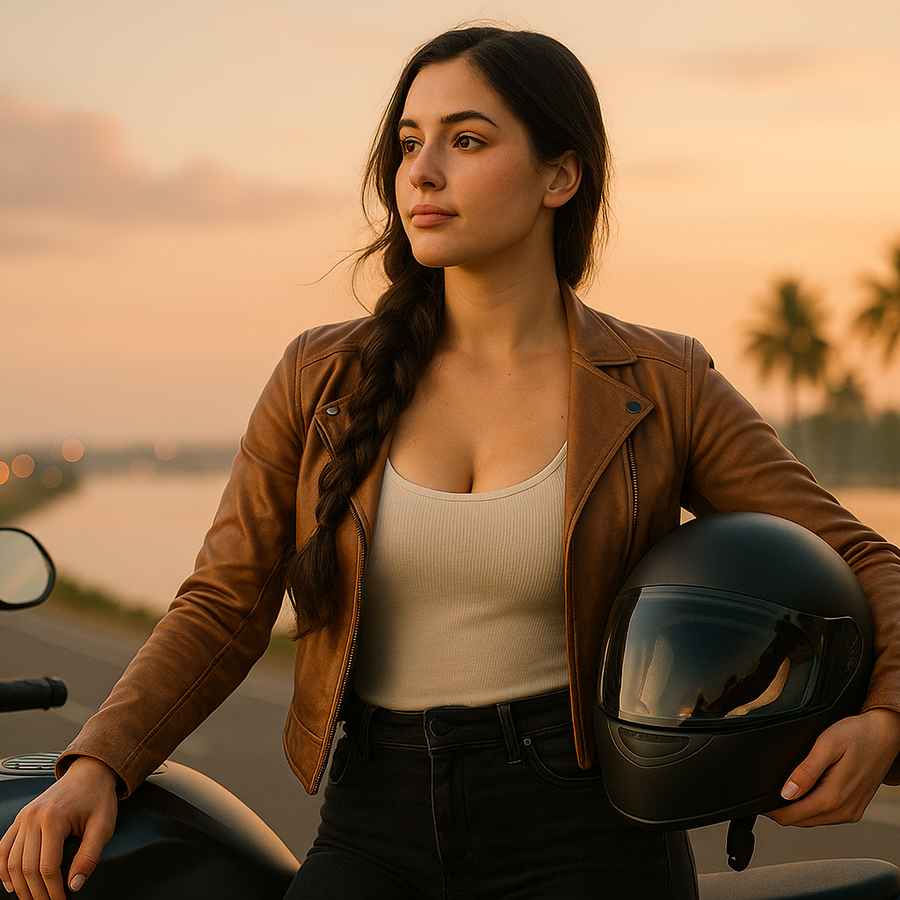 Woman with braid holding motorcycle helmet at sunset; Keyoma emphasizes protective styling and helmet hair care.