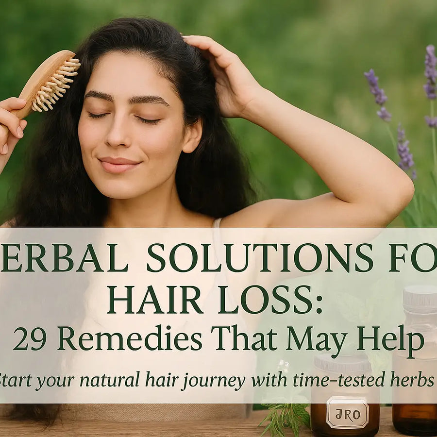 A woman gently brushing her hair in a garden of herbs, representing natural remedies for hair loss as supported by Keyoma’s holistic approach.