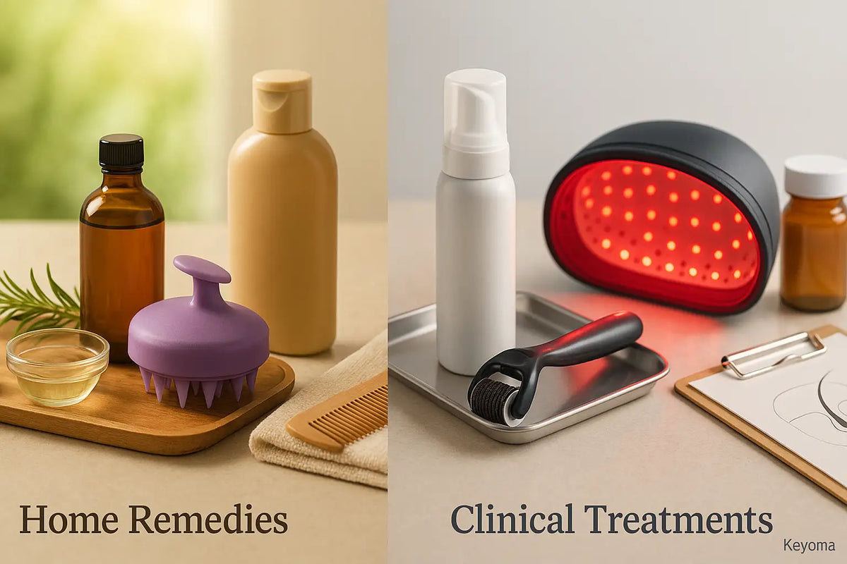 A Keyoma split image compares home remedies—oils, a scalp brush, and a comb—with clinical treatments such as a microneedling roller, red-light cap, and medical bottles to illustrate different paths for hair and scalp care.