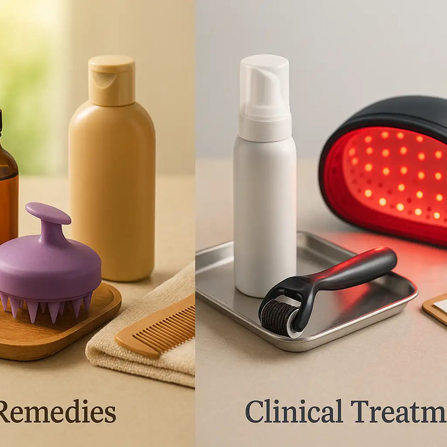 A Keyoma split image compares home remedies—oils, a scalp brush, and a comb—with clinical treatments such as a microneedling roller, red-light cap, and medical bottles to illustrate different paths for hair and scalp care.