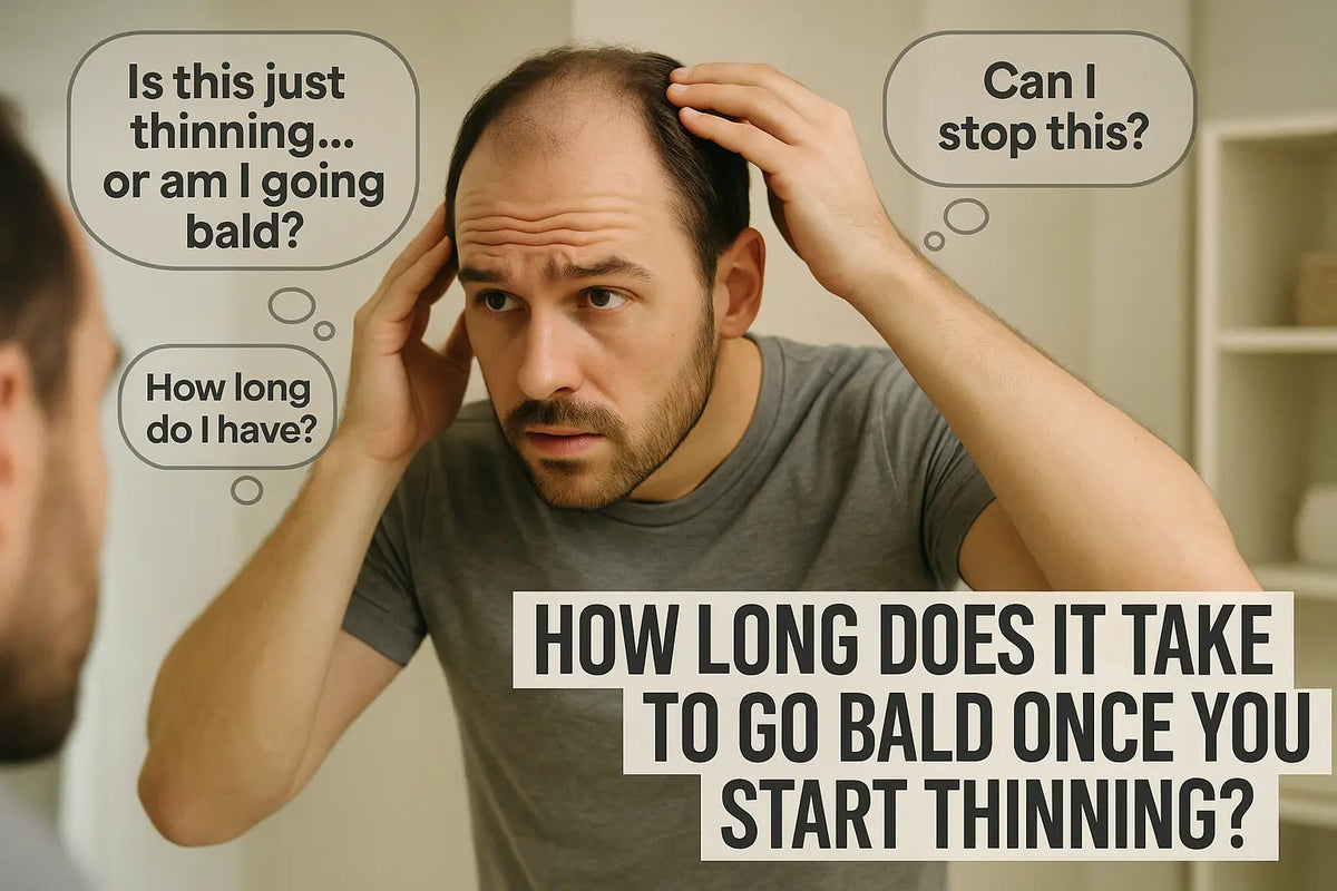 A man examines his thinning scalp in the mirror, reflecting on questions about balding timeline, featured in Keyoma’s insights on early hair loss.