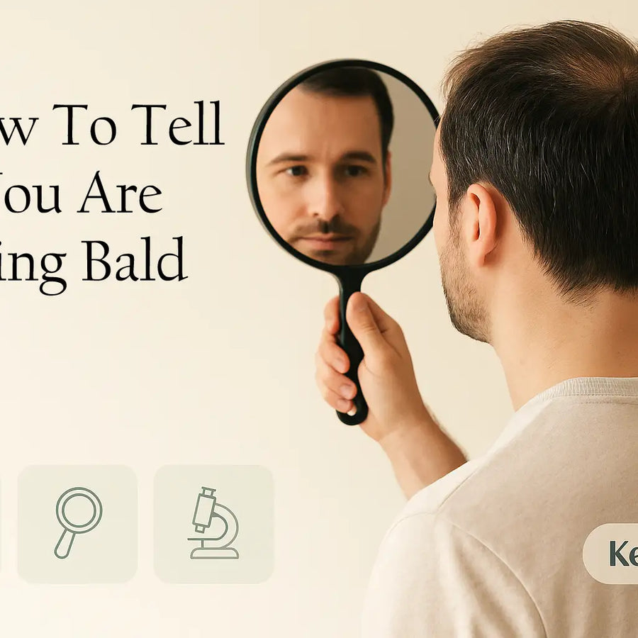 A man examines his crown in a handheld mirror beside the words “How to tell if you are going bald,” illustrating Keyoma guidance on self-checking for early hair loss.